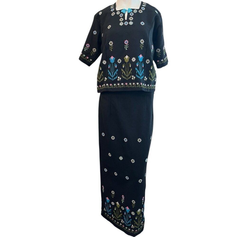 Handmade Black Small Top And Maxi Pencil Skirt Set Crossstitch Flowers Stunnning